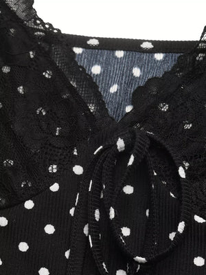 Polka Dot Lace Trimmed V-neck Mini Dress, fabric detail