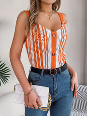 Crochet stripe button-front tank top in orange and white with a scoop neck.