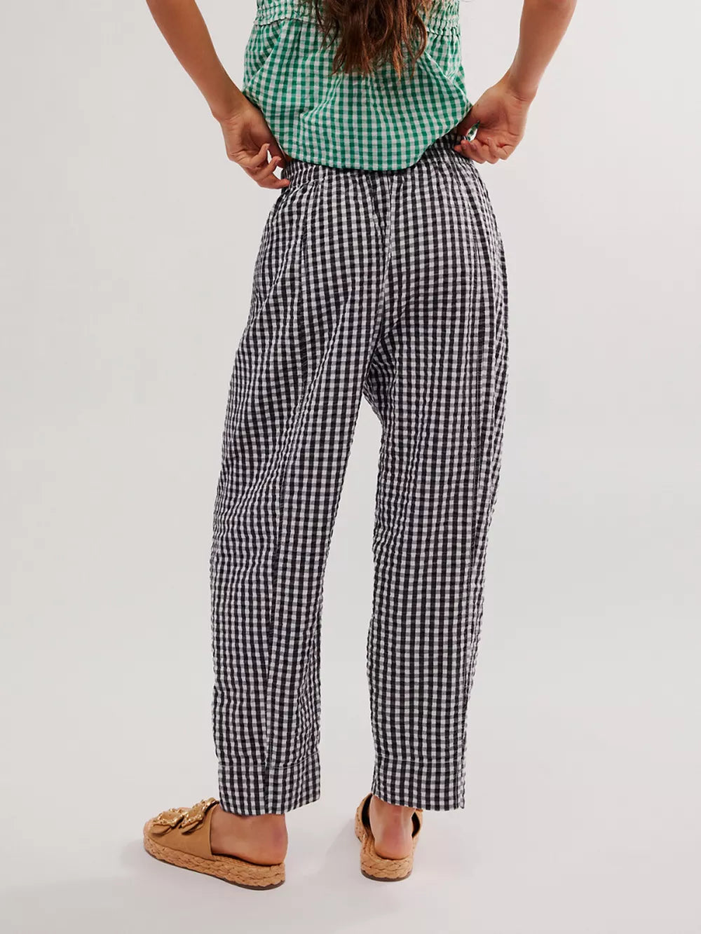 Black gingham check wide-leg pants with pockets and elastic waist