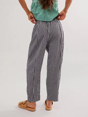 Black gingham check wide-leg pants with pockets and elastic waist