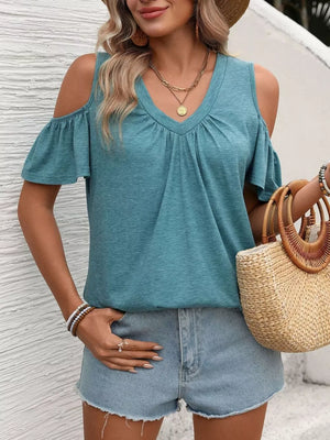 Blue-green ruched cold shoulder t-shirt with V-neck and flutter sleeves.