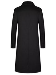 Men's black classic button up overcoat with notched lapel and buttoned cuffs.