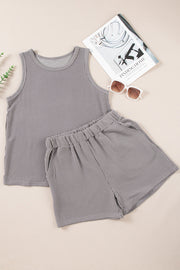 Dark gray ribbed tank top and shorts set with white pinstripes