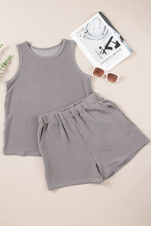 Dark gray ribbed tank top and shorts set with white pinstripes