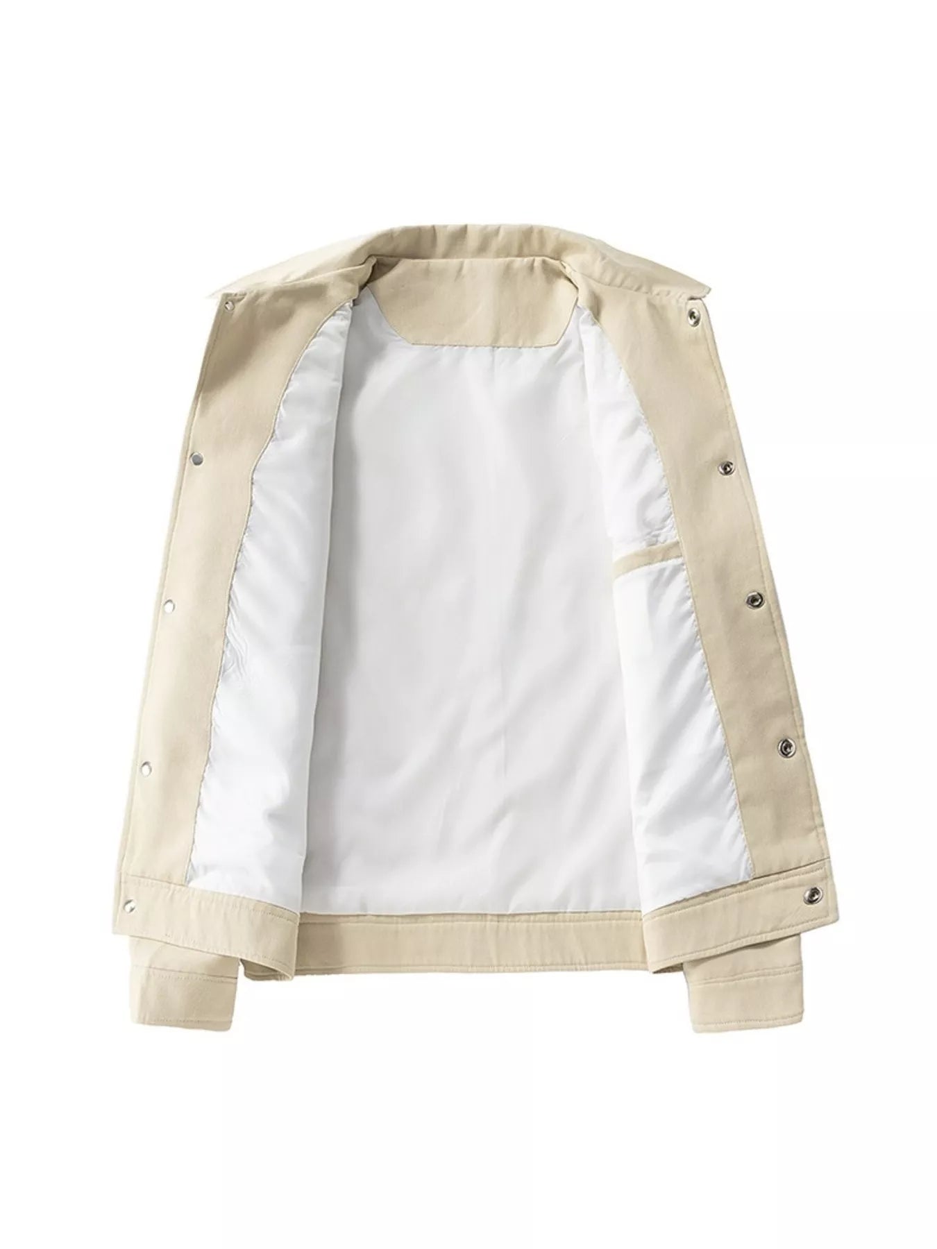 Oversized casual snap jacket in camel brown with white lining and snap closures.