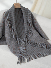 Textured fringe shawl cardigan in dark gray acrylic with a relaxed fit and open front.