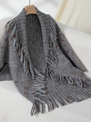 Textured fringe shawl cardigan in dark gray acrylic with a relaxed fit and open front.