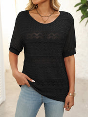 Black knit sweater with half sleeves and openwork patterns.
