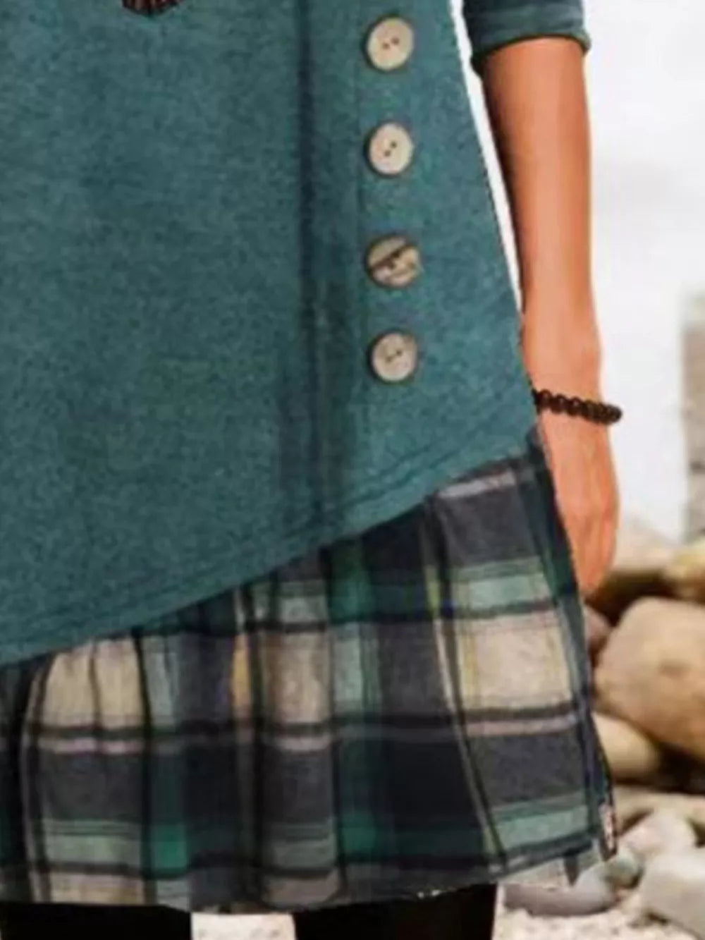 Asymmetrical Plaid Patchwork Long Sleeve Dress in Black, alternate angle