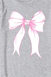 Gray t-shirt with a pink sketched bow graphic on the front.