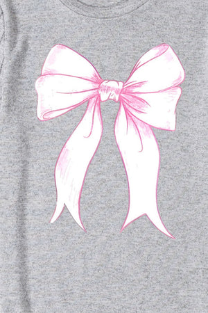 Gray t-shirt with a pink sketched bow graphic on the front.