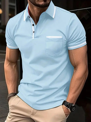 Light blue short sleeve polo shirt with contrast trim on collar, pocket, and sleeves.