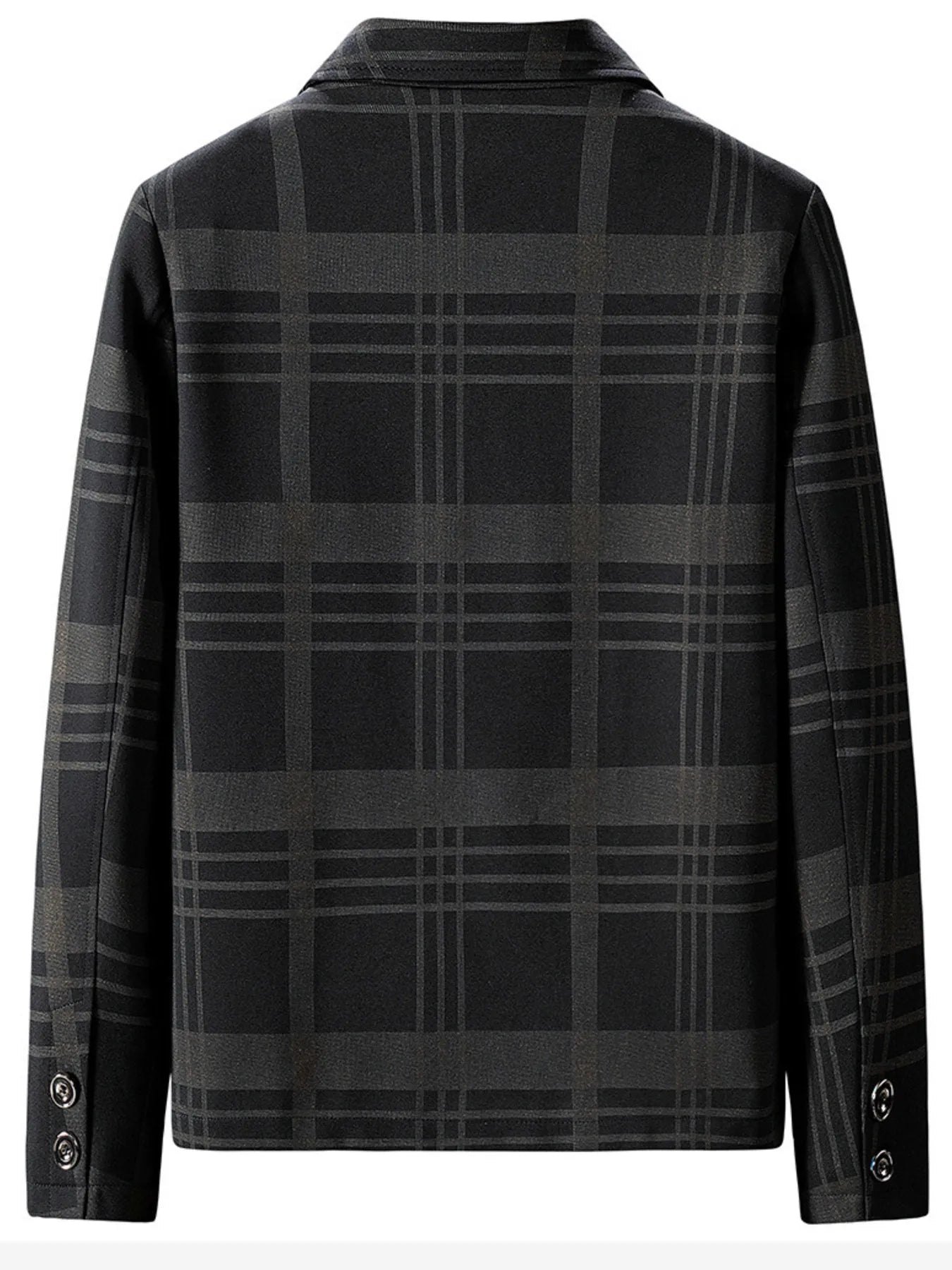 Men's black plaid sport jacket with button cuffs and a collared neckline.