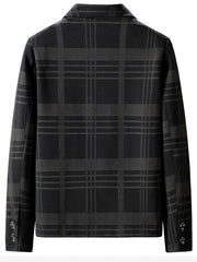 Men's black plaid sport jacket with button cuffs and a collared neckline.