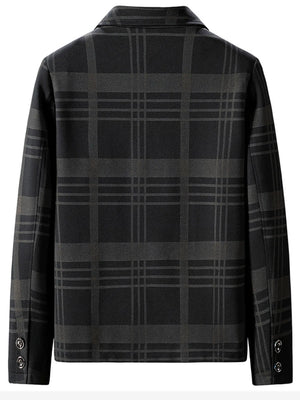 Men's black plaid sport jacket with button cuffs and a collared neckline.