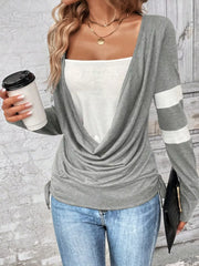 Light gray draped cowl neck maternity tee with white striped sleeves and side ties.