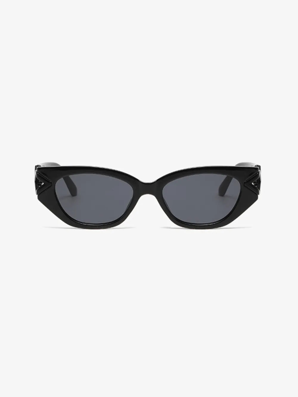 Black cat-eye sunglasses with geometric temple accents and dark lenses.