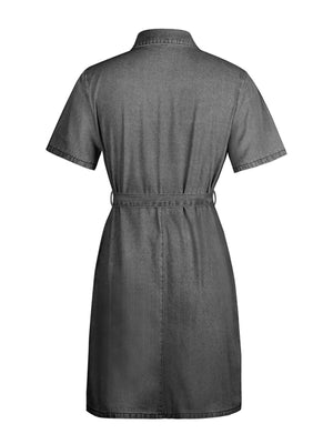 Zipper front denim mini dress in dark gray with short sleeves and belted waist.