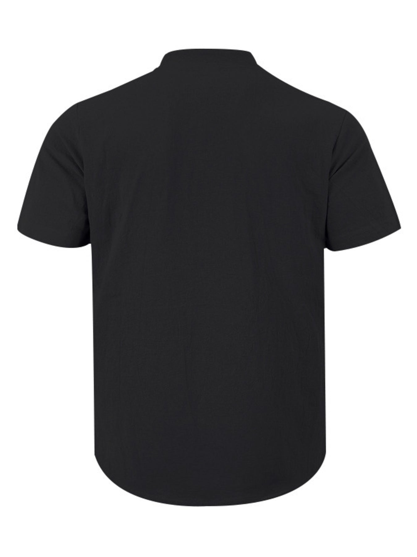 Black short sleeve henley shirt with band collar and button detail
