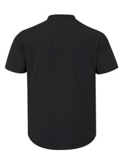 Black short sleeve henley shirt with band collar and button detail