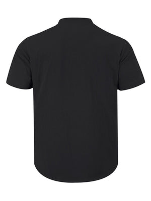 Black short sleeve henley shirt with band collar and button detail
