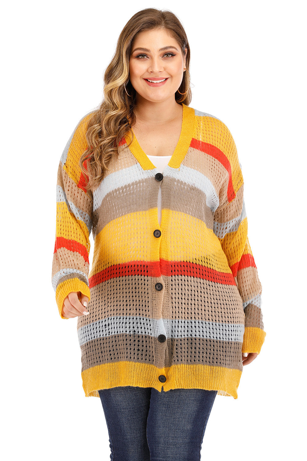 Striped open-knit button-down cardigan in yellow, tan, red, and gray.