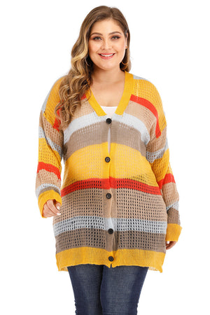 Striped open-knit button-down cardigan in yellow, tan, red, and gray.