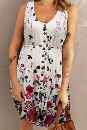 White floral print button-down midi dress with elastic waist and V-neck