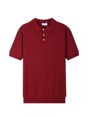 Burgundy ribbed short sleeve polo shirt with classic collar and three-button placket.