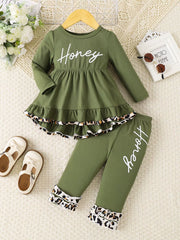 Olive green baby set with ruffle hem and leopard print trim, "Honey" graphic.