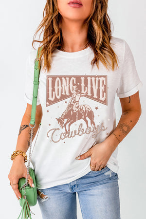 White graphic t-shirt with rodeo cowboy print and "Long Live Cowboys" text.