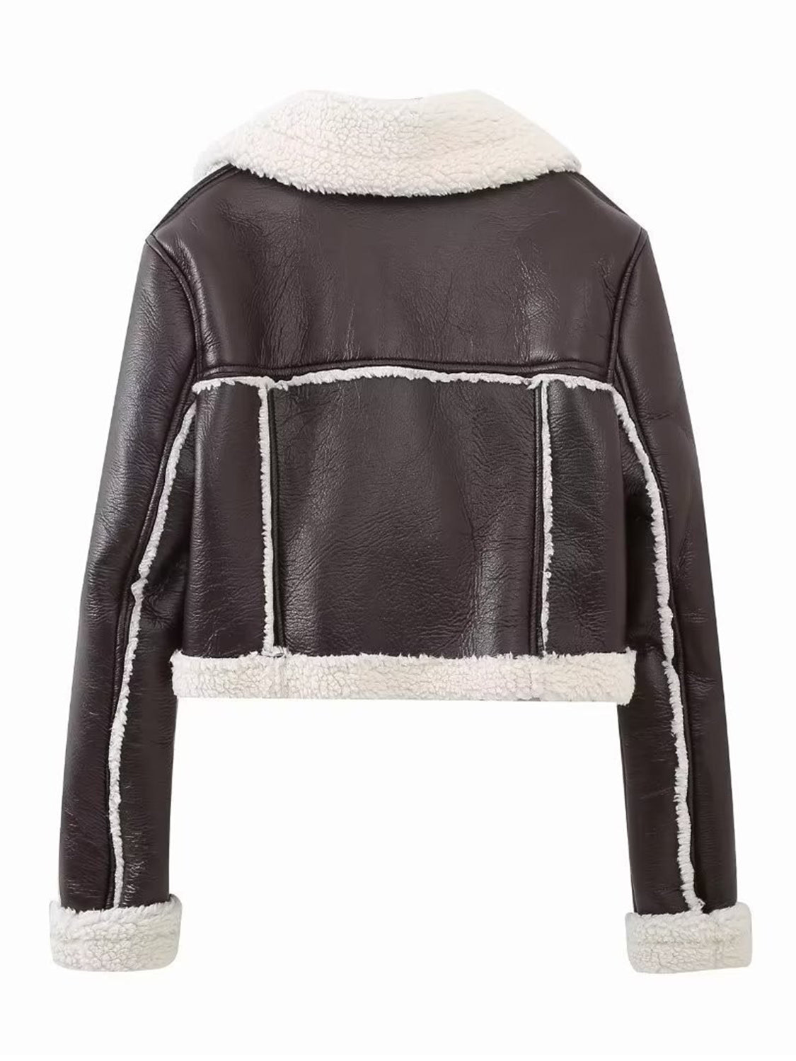 Brown cropped aviator jacket with white shearling trim and collar detail.