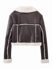 Brown cropped aviator jacket with white shearling trim and collar detail.