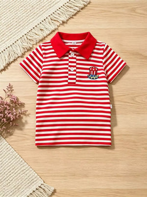 Red and white striped baby polo shirt with patriotic hat embroidery.