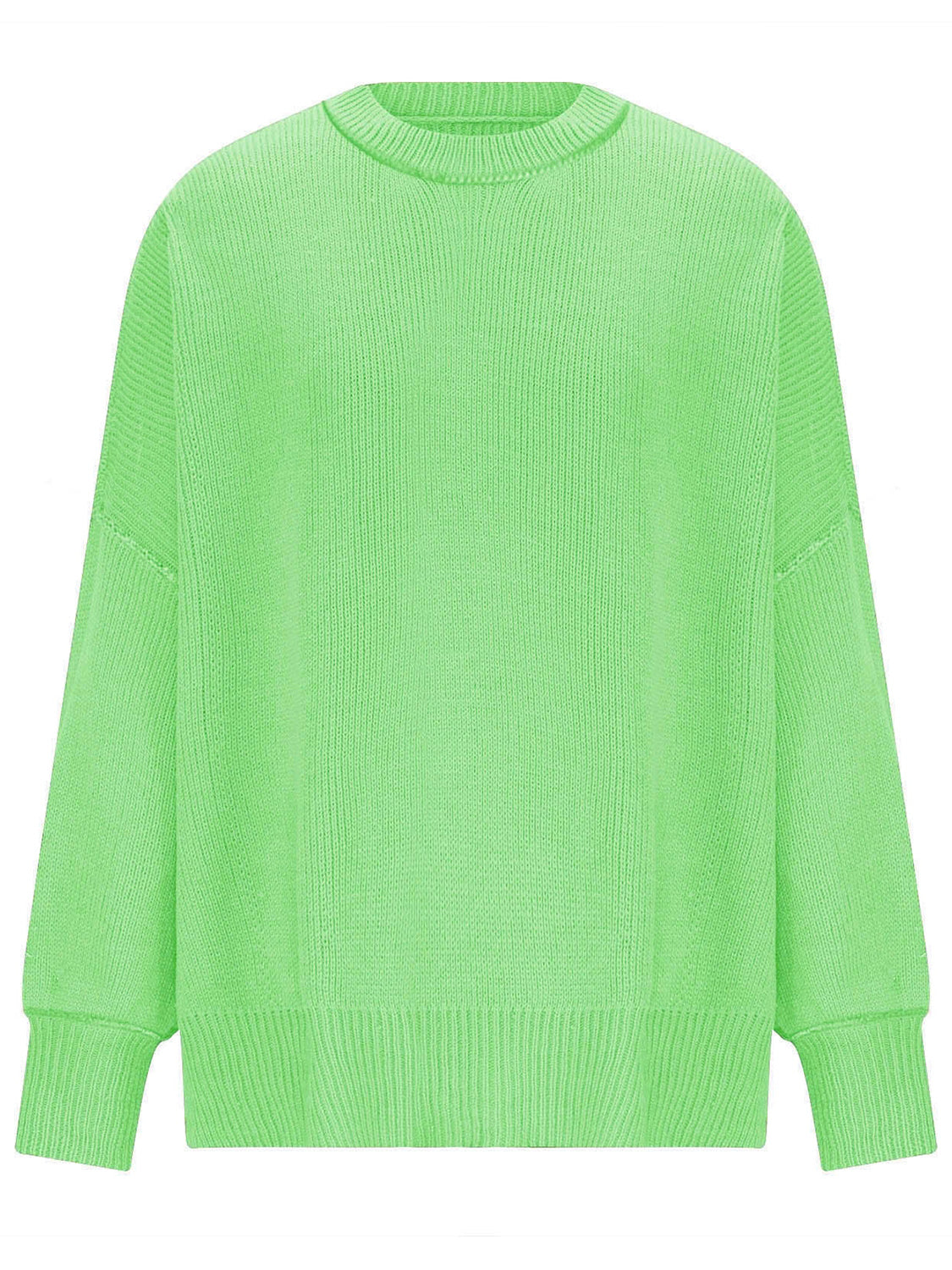 Oversized ribbed knit sweater in neon green with drop shoulders and crew neck.