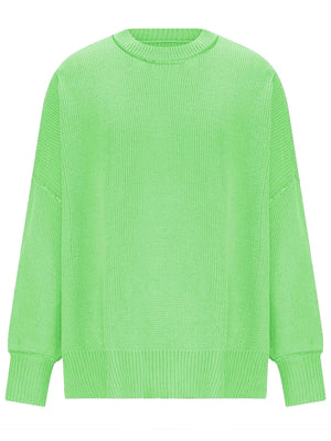 Oversized ribbed knit sweater in neon green with drop shoulders and crew neck.