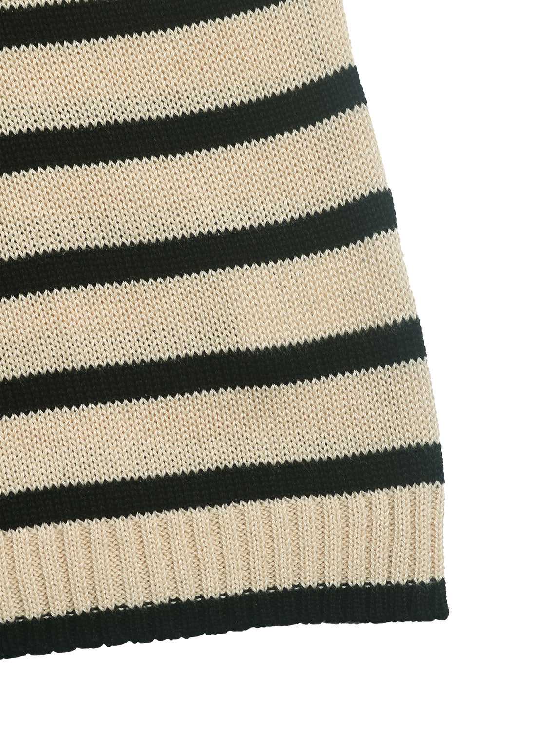 Nautical stripe sweater in pastel yellow and black acrylic with button shoulder detail.