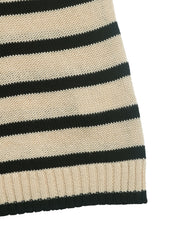 Nautical stripe sweater in pastel yellow and black acrylic with button shoulder detail.