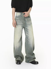 Men's wide leg jeans in light wash denim with a relaxed fit.