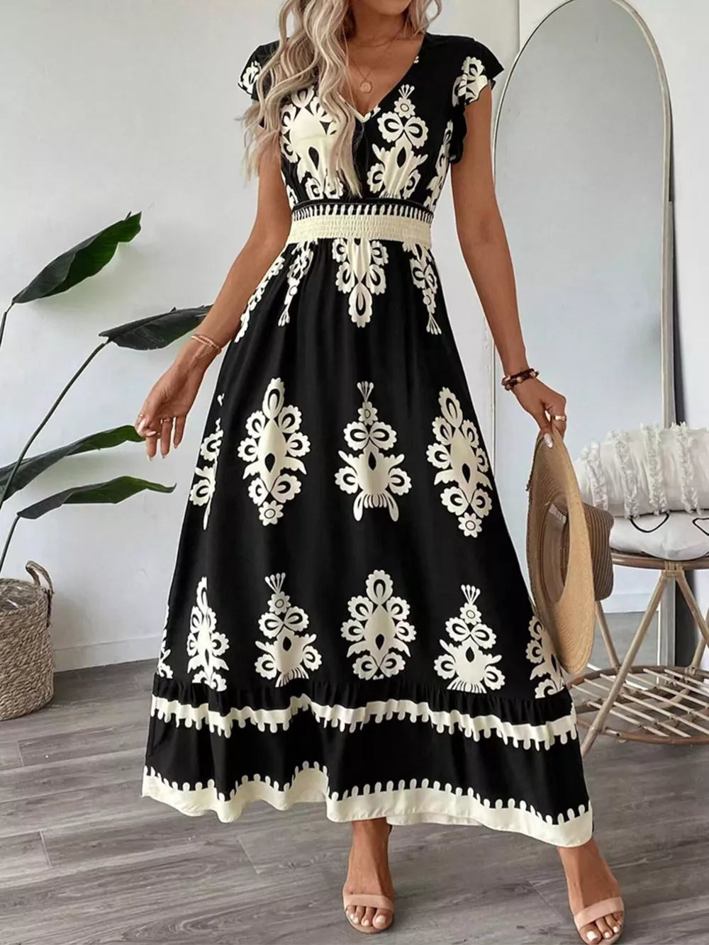 Ruffled Printed V-neck Maxi Dress in Dark Navy, view 12