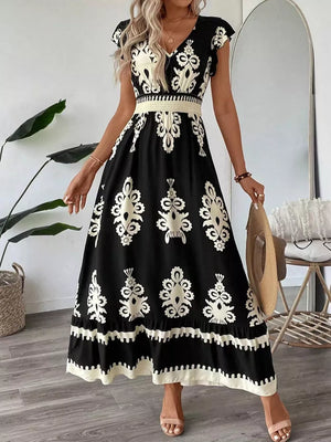 Ruffled Printed V-neck Maxi Dress in Dark Navy, view 12