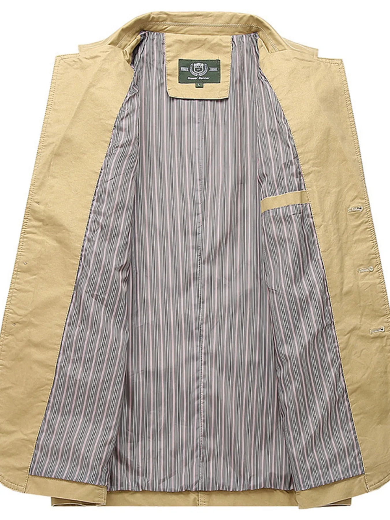 Khaki cotton blazer with striped lining and interior pocket detail.