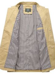 Khaki cotton blazer with striped lining and interior pocket detail.
