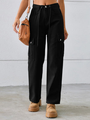 Black denim cargo pants with drawstring waist and buttoned flap pockets.