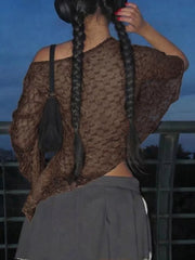 Brown sheer one-shoulder cropped cardigan with lace pattern.