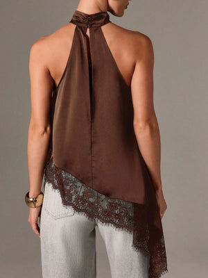 Brown halter camisole with lace trim and asymmetrical hem