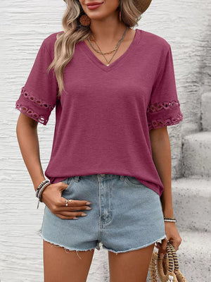 Burgundy V-neck t-shirt with lace trim on sleeves