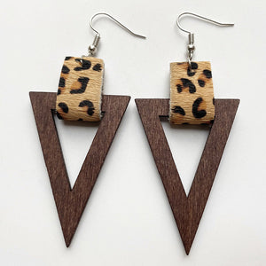 Leopard print and wood triangle dangle earrings with metal hooks.