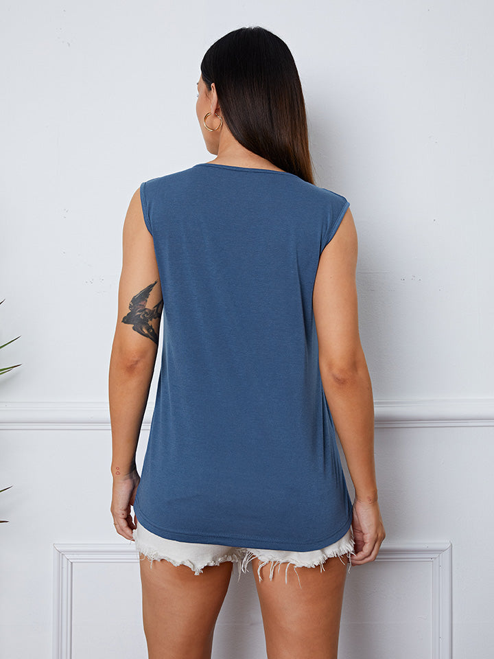 Square neckline button-down tank top in dark blue with cap sleeves and a relaxed fit.