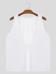 White deep plunge tank top with a U-neckline and sleeveless design.